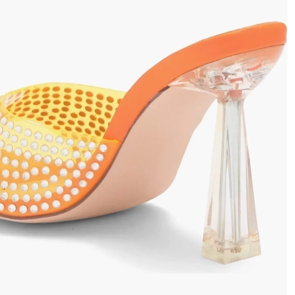 CHASE AND CHLOE Rhinestone Crystal Clear Vamp Strap Slide Mule Heeled Sandal